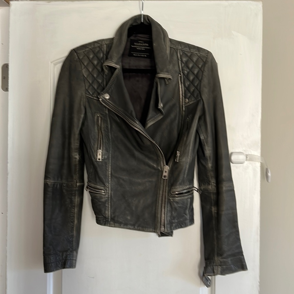 All Saints worn in soft leather moto style jacket. Dark grey Size 4